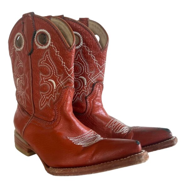 TWINSTONE BOOTS Embroidered Brown Leather Cowboy Boot Kids 17.5 US 2 Snip Toe - Picture 2 of 8